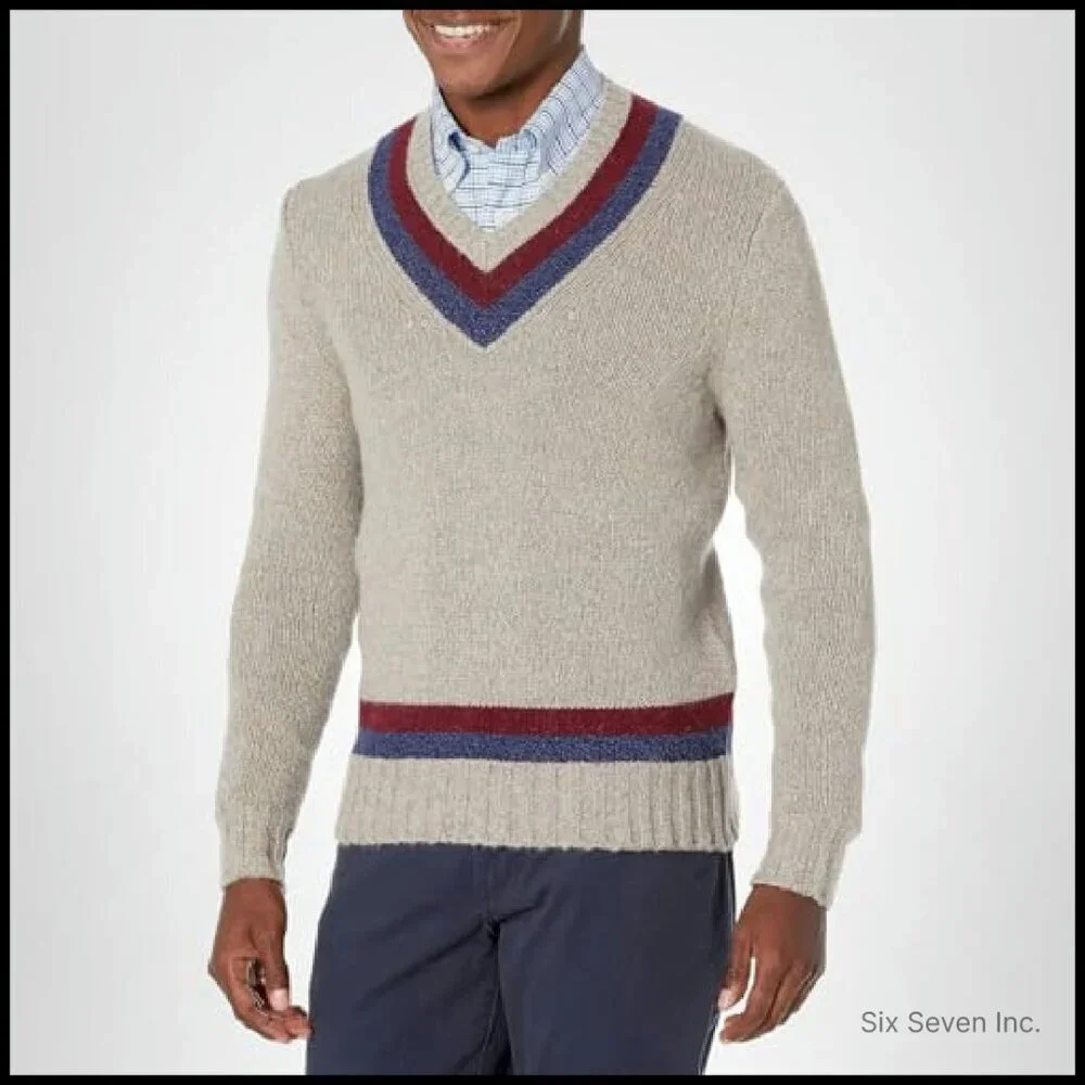 Classic V-Neck Tennis Sweater Preppy Elegant Wool Blend Long Sleeve Pullover